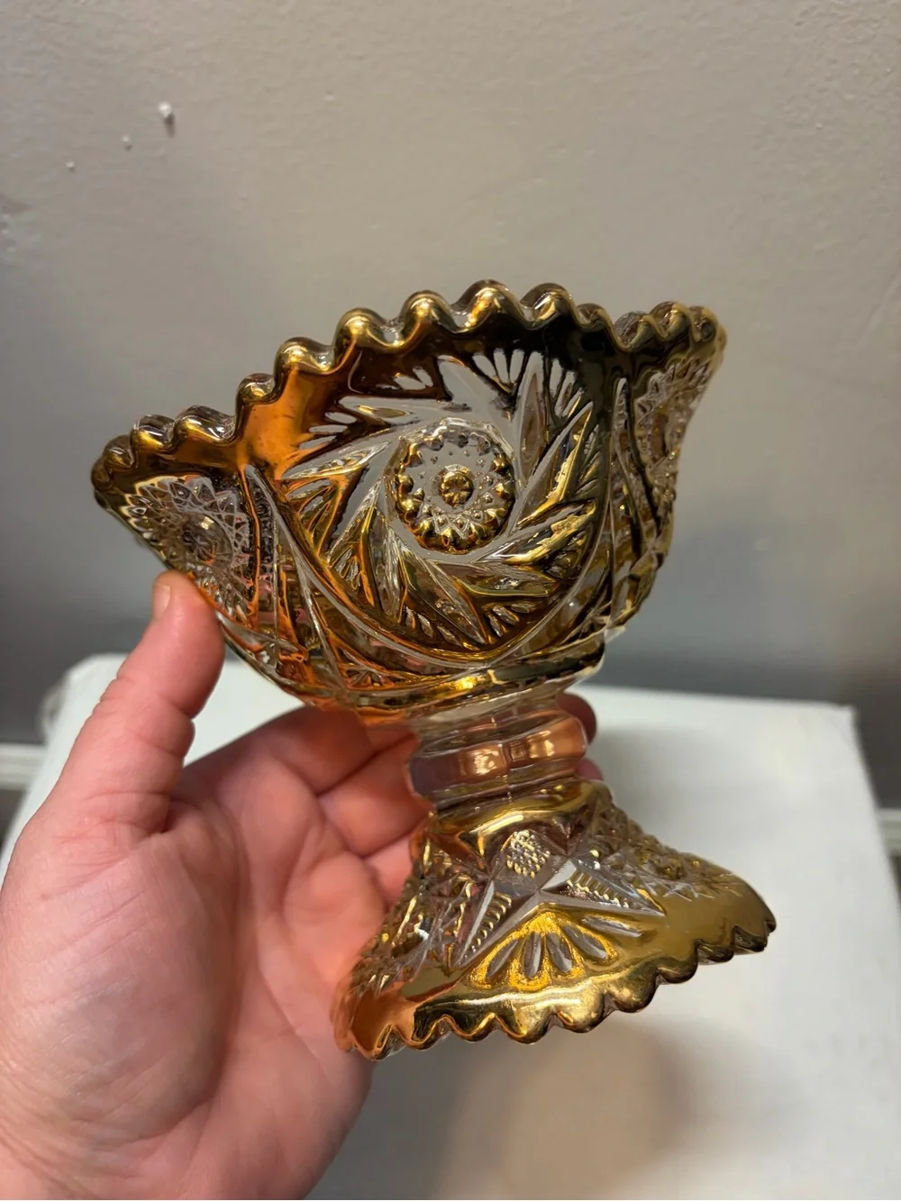 Vintage Imperial Glass Hand Painted Gold Pedestal Compote Candy Dish